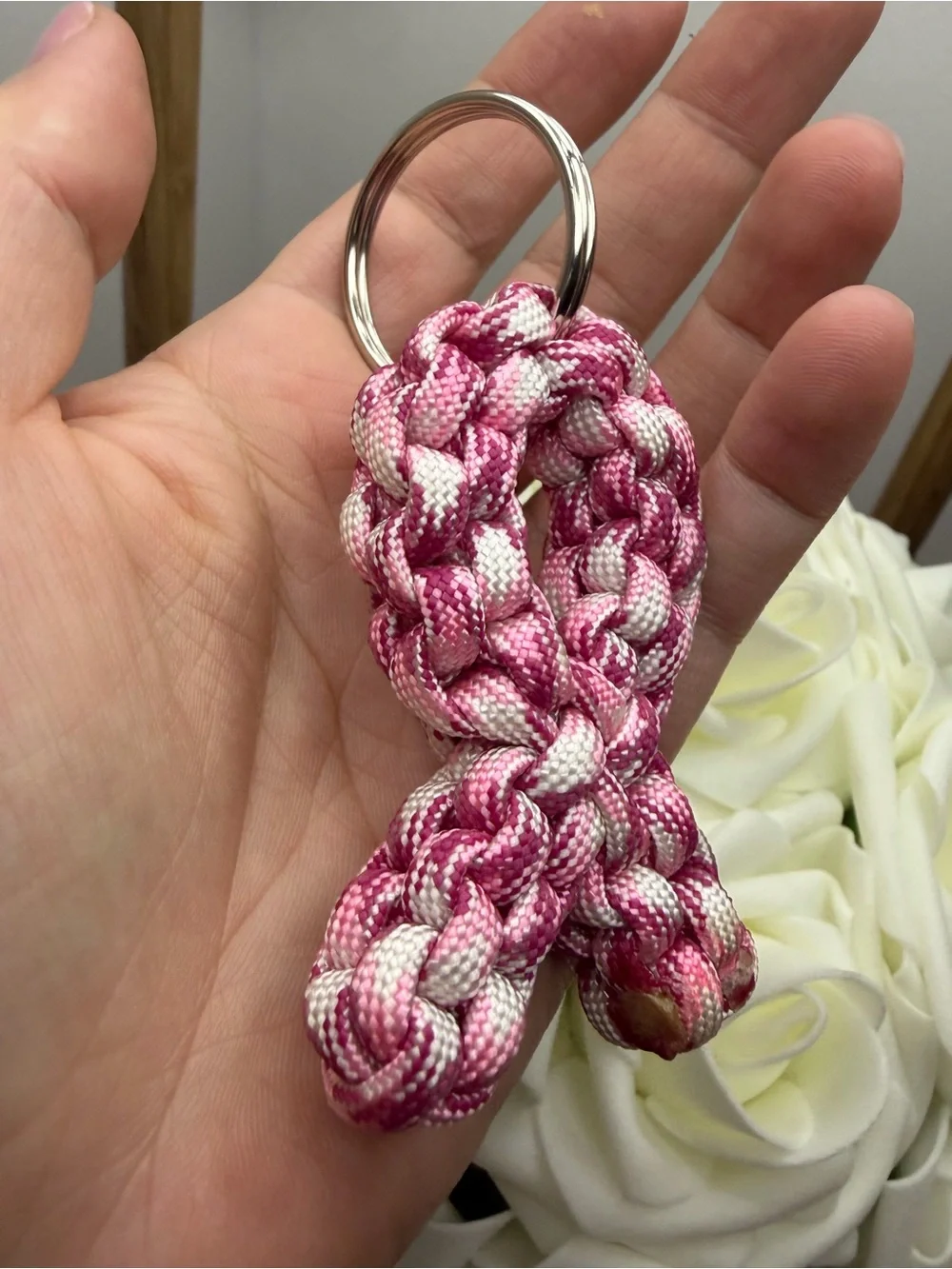 Pink & White Braided Paracord Ribbon Keychain